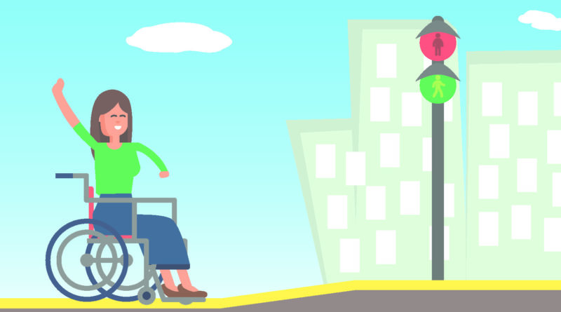 Illustration einer Rollstuhlfahrerin vor einem abgesenkten Bordstein.