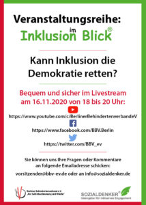 Anzeige für die Veranstaltung "Kann Inklusion die Demokratie retten?"am 16.11.2020