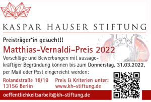 Anzeige der Kasper Hauser Stiftung zum Matthias-Vernaldii-Preis 2022