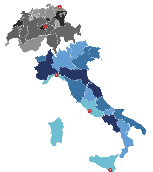Landkarte Schweiz und Italien mit Punkten auf den Zielen des Textes.