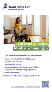 Anzeige der Wohnungsbaugesellschaft "Stadt und Land" für rollstuhlgerechte Wohnungen in Berlin-Helllersdorf.