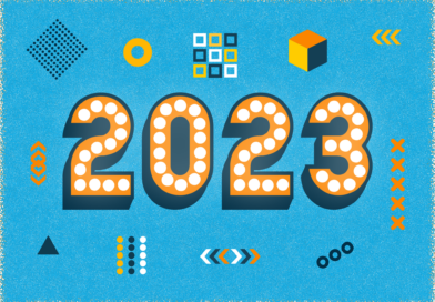Grafische Darstellung der Zahlen 2023. Herum sind bunte Zeichnungen platziert.