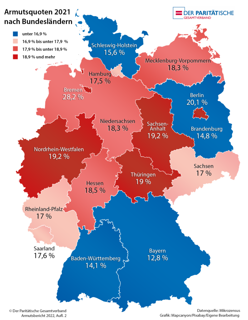 Rot-blaue Deutschlandkarte zeigt Armutszahlen in den Bundesländern.