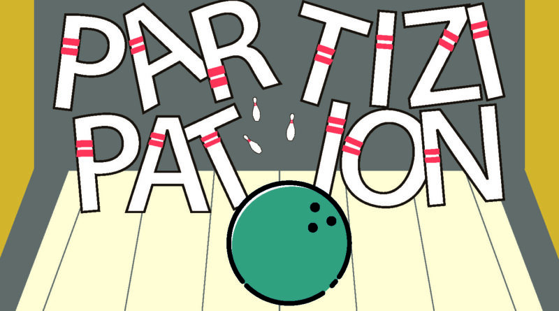 Das Wort Partizipation als einzelne Buchstaben, die wie Kegel aussehen, illustriert. Diese werden von einer Bowlingkugel umgeworfen.
