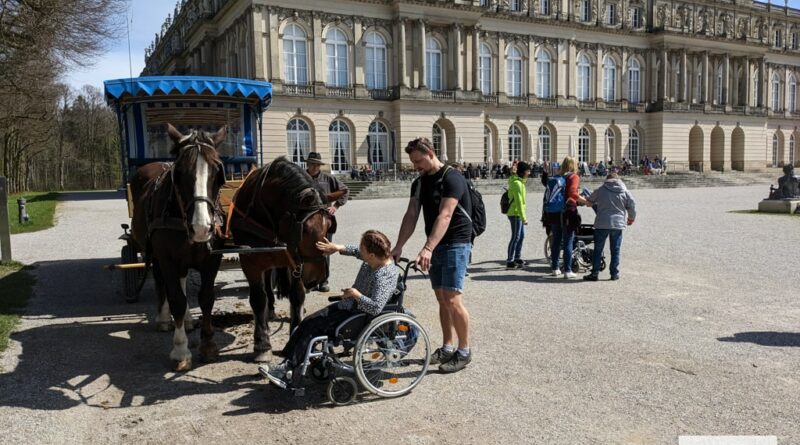 Reisegruppe, unter anderem mit Rollstühlen, steht vor einer Pferdekutsche.