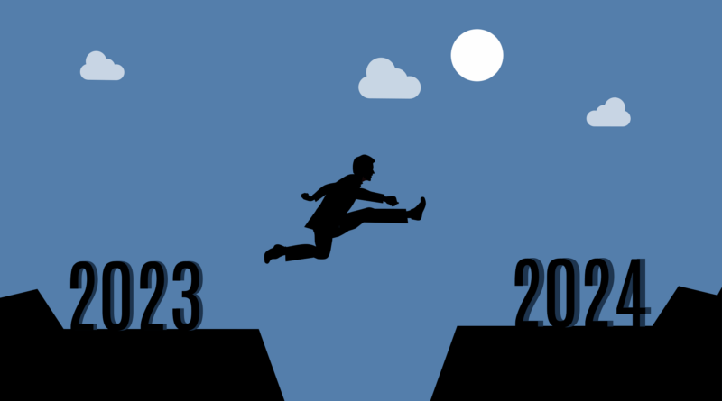 Illustration eines Mannes, der zwischen den Jahreszeiten 2023 und 2024 springt.