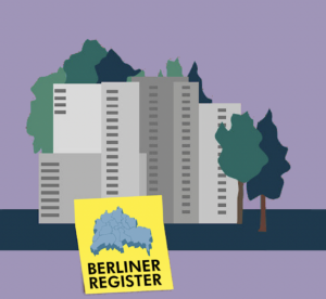 Logo Berliner Register und Grafiken von Häusern und Bäumen..