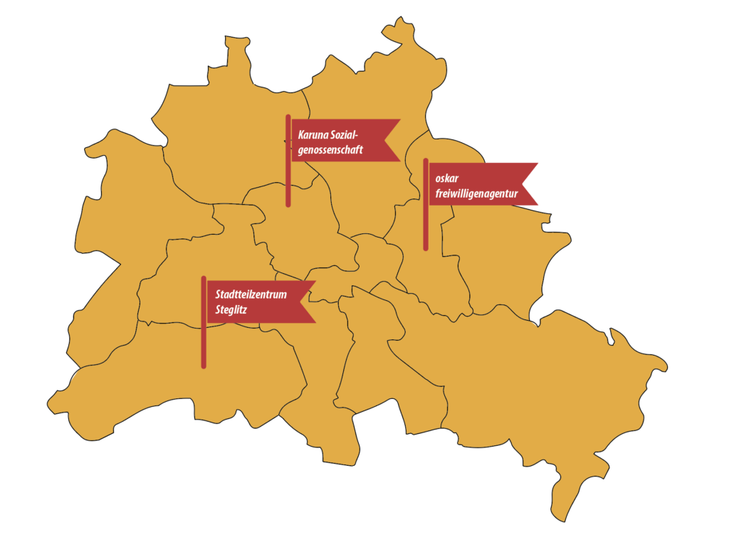 Berlinkarte mit Ortslagen der vorgestellten Räumlichkeiten.