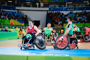 Das Rollstuhlrugby - Gruppenspiel zwischen Brasilien und Großbritannien bei den Paralympics 2016 in Rio de Janeiro (Brasilien).