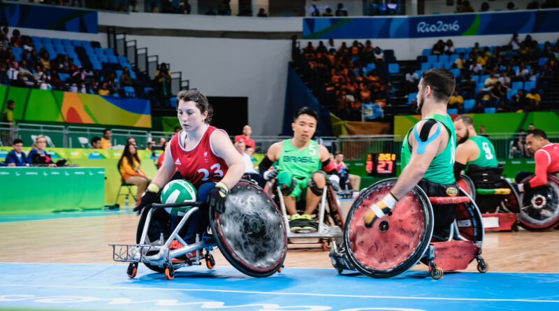 Das Rollstuhlrugby - Gruppenspiel zwischen Brasilien und Großbritannien bei den Paralympics 2016 in Rio de Janeiro (Brasilien).